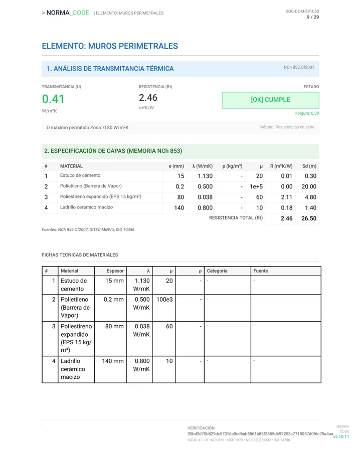 Página real del Expediente DOM generado por NormaCode: memoria de cálculo NCh 853 de muros perimetrales con verificación CUMPLE y fichas técnicas de materiales